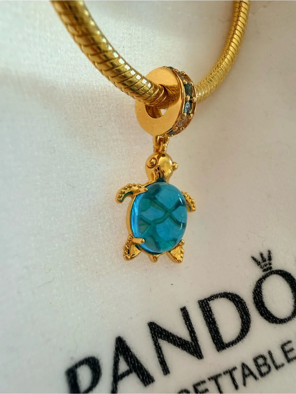 Pandora Gold Turtle Charm with Teal Stones